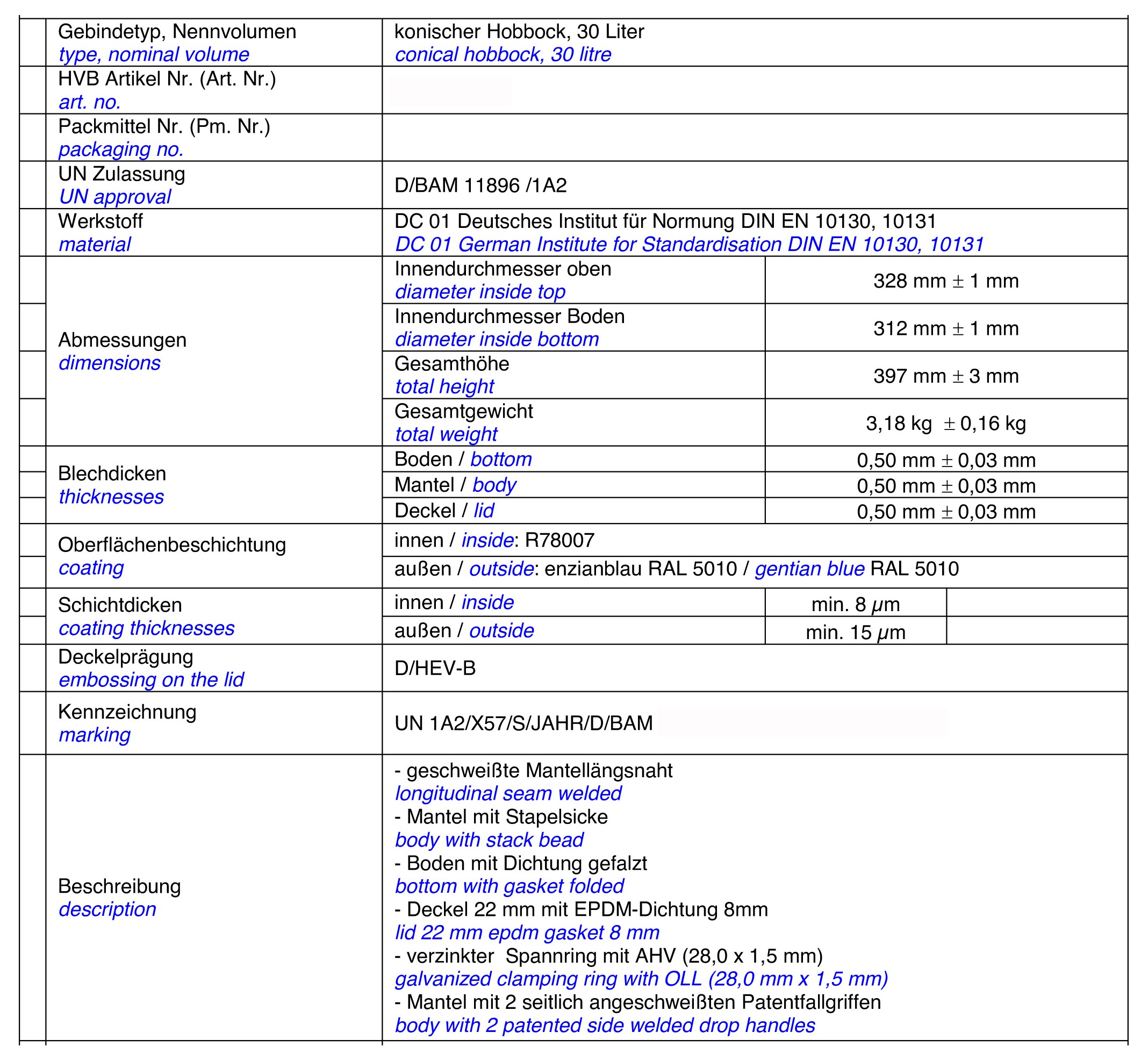 30L Stahlfass Hobbock UN Deckelfass mit Spannring
