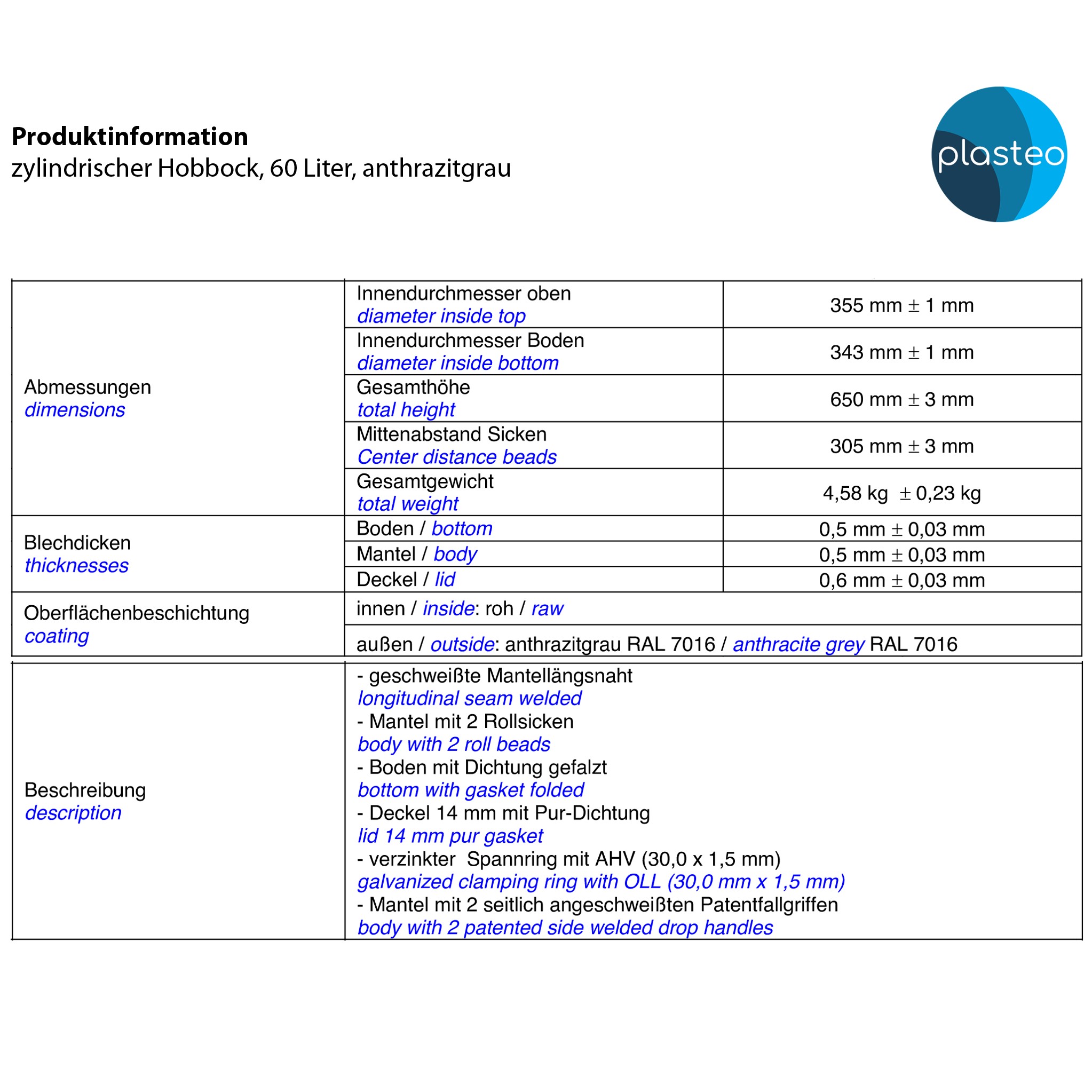 Stahlfass 60 Liter Deckelfass Anthrazitgrau