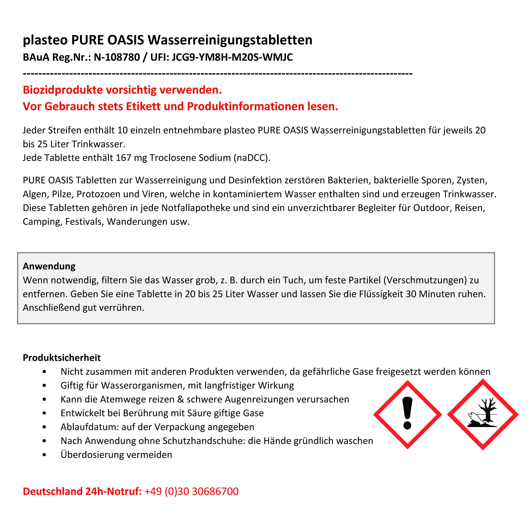 22460_1b PURE OASIS Wasserreinigungstabletten Wasserentkeimung | 100% keimfreies Trinkwasser in 30 Min