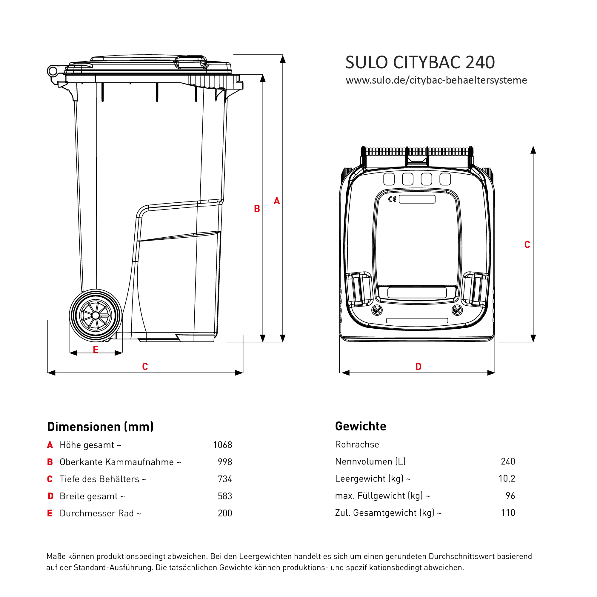 citybac240_abmessungen SULO® MGB 240 Liter Mülltonne