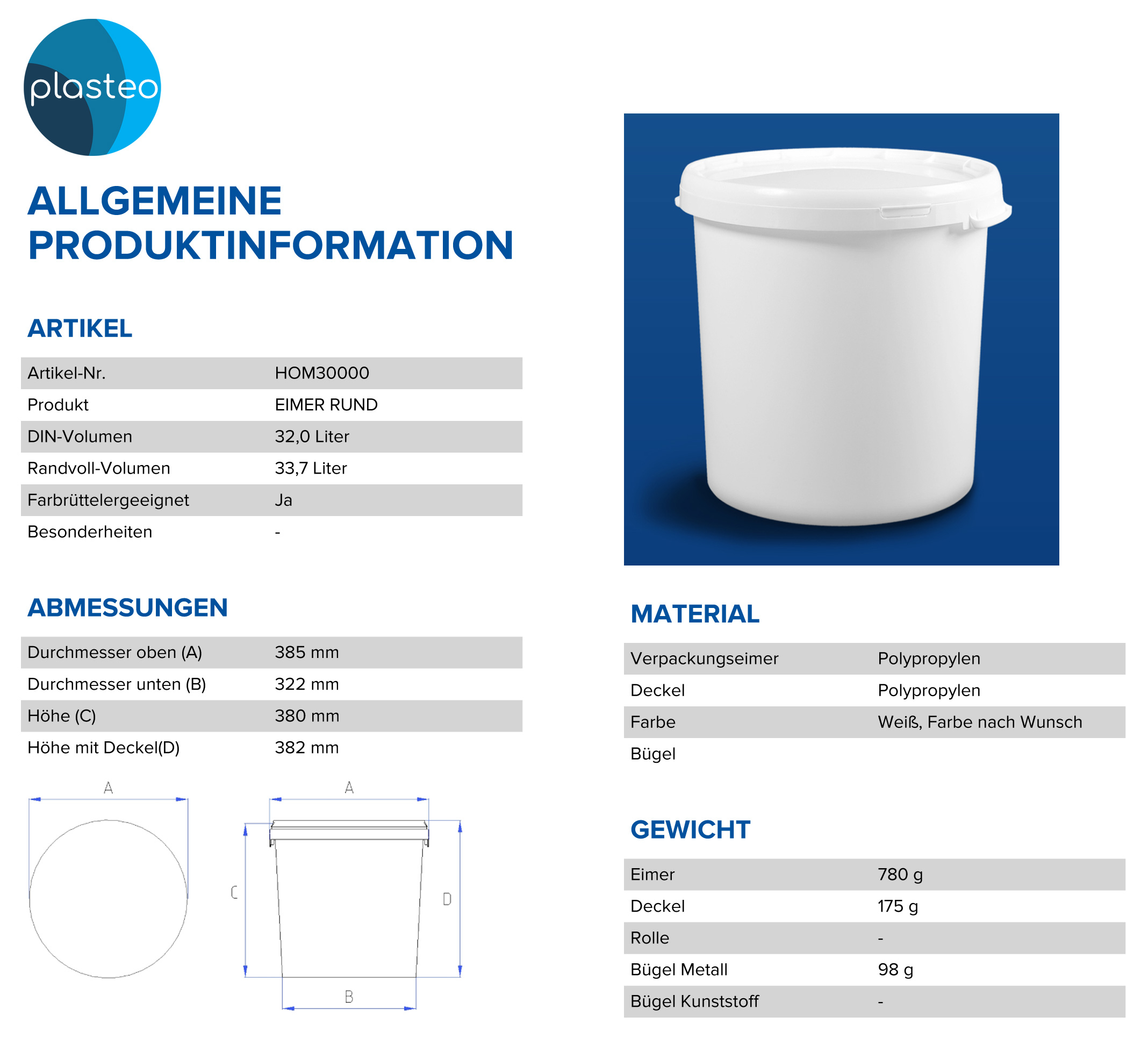 22049-Datenblatt 30 Liter Plastikeimer mit Deckel
