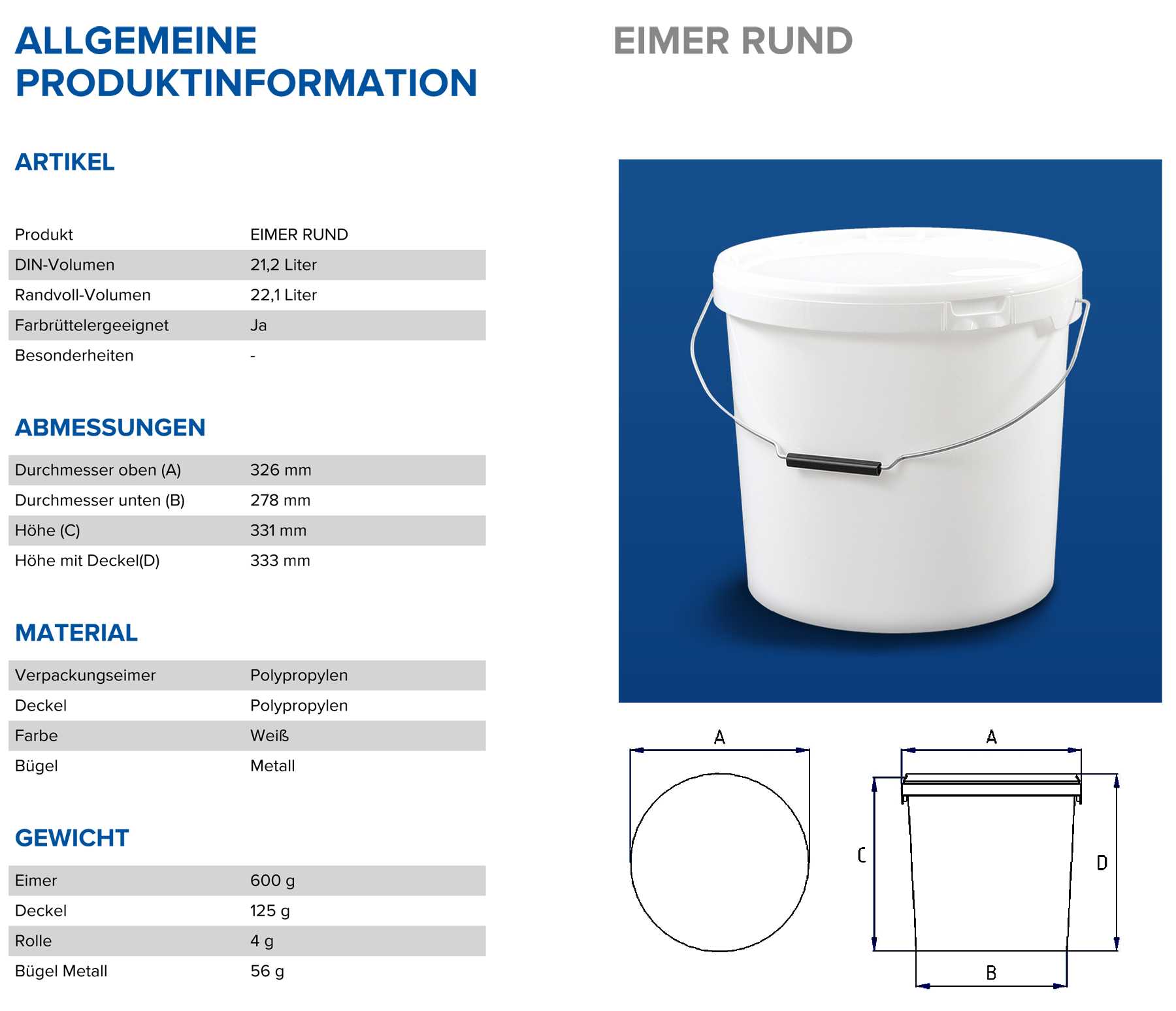 22050_abmessungen 20 Liter Plastikeimer mit Deckel