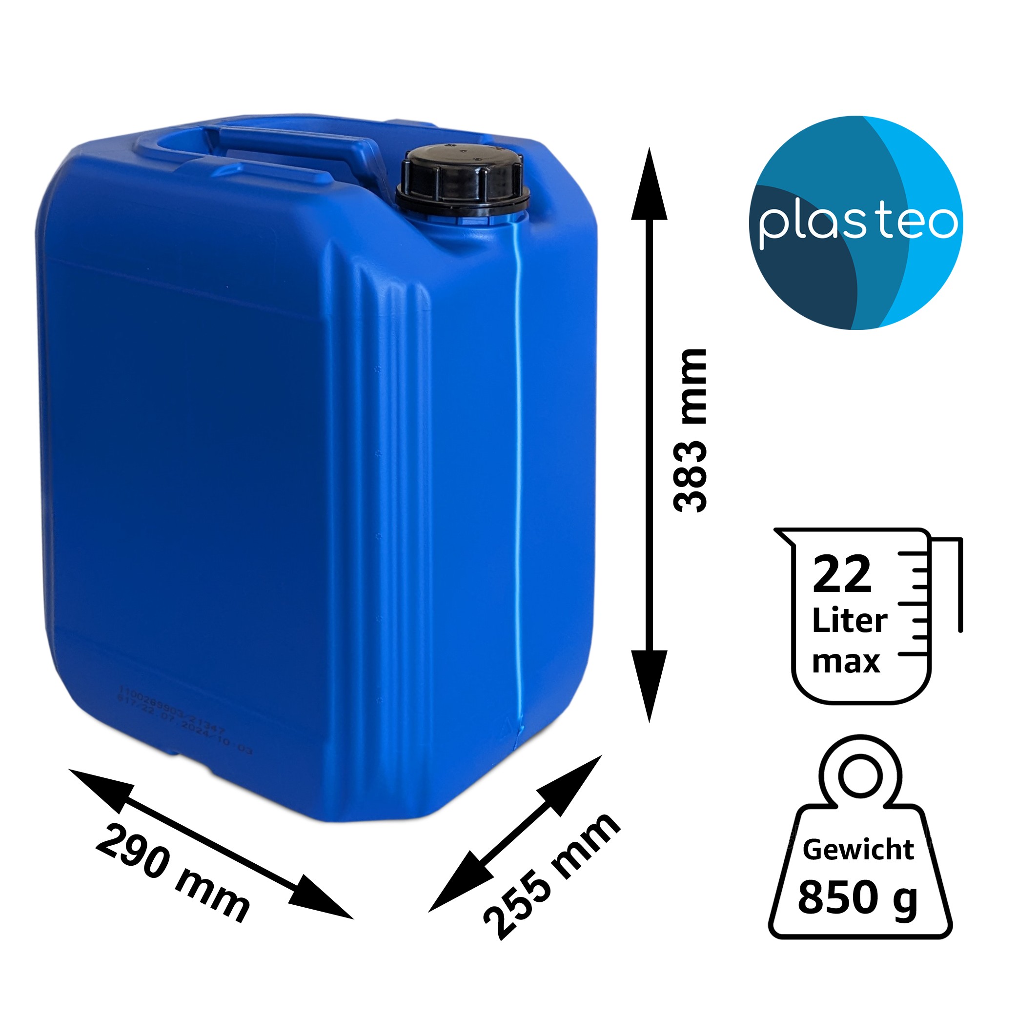22048_abmessungen 20 Liter Kanister Blau mit Sichtstreifen
