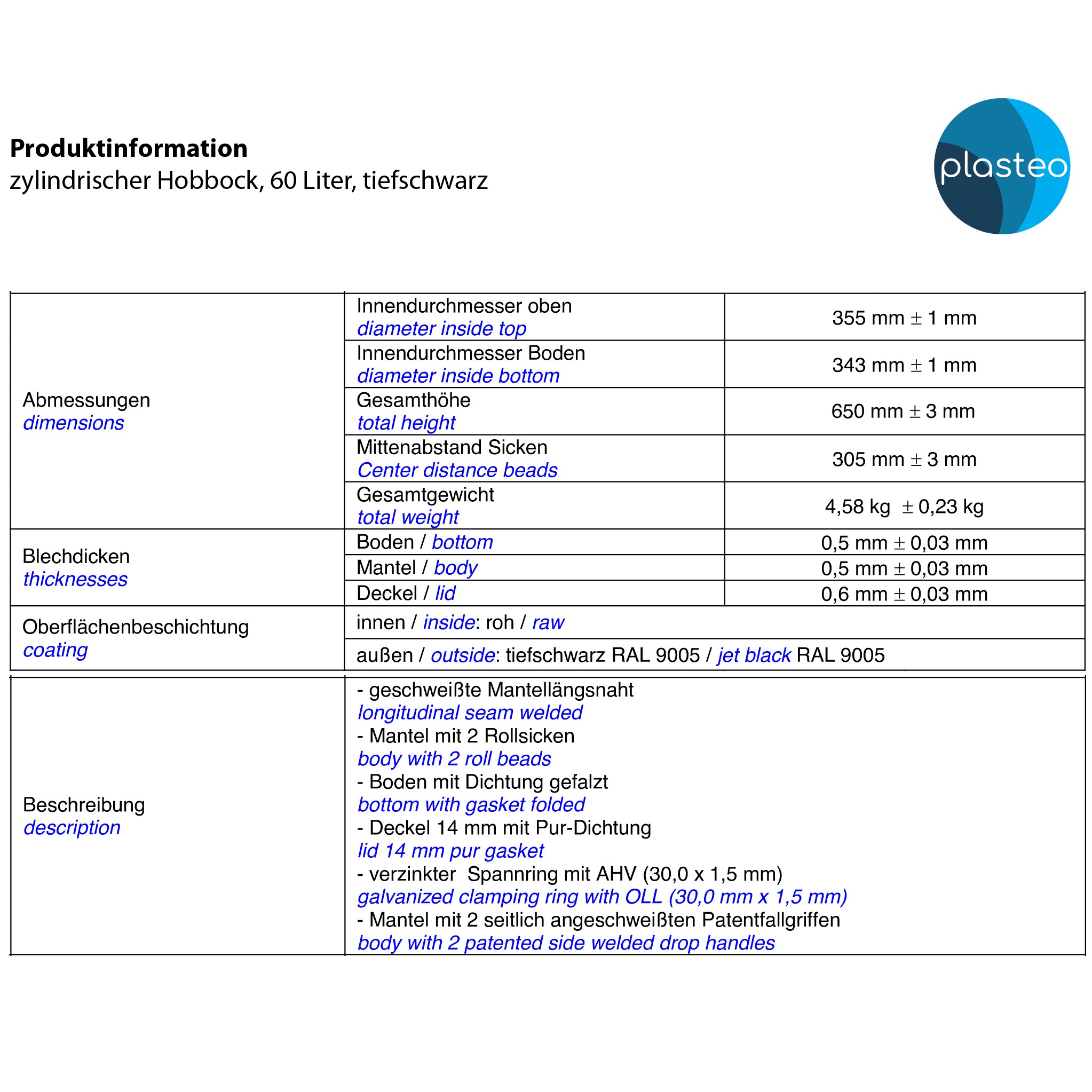 Stahlfass 60 Liter Deckelfass Tiefschwarz