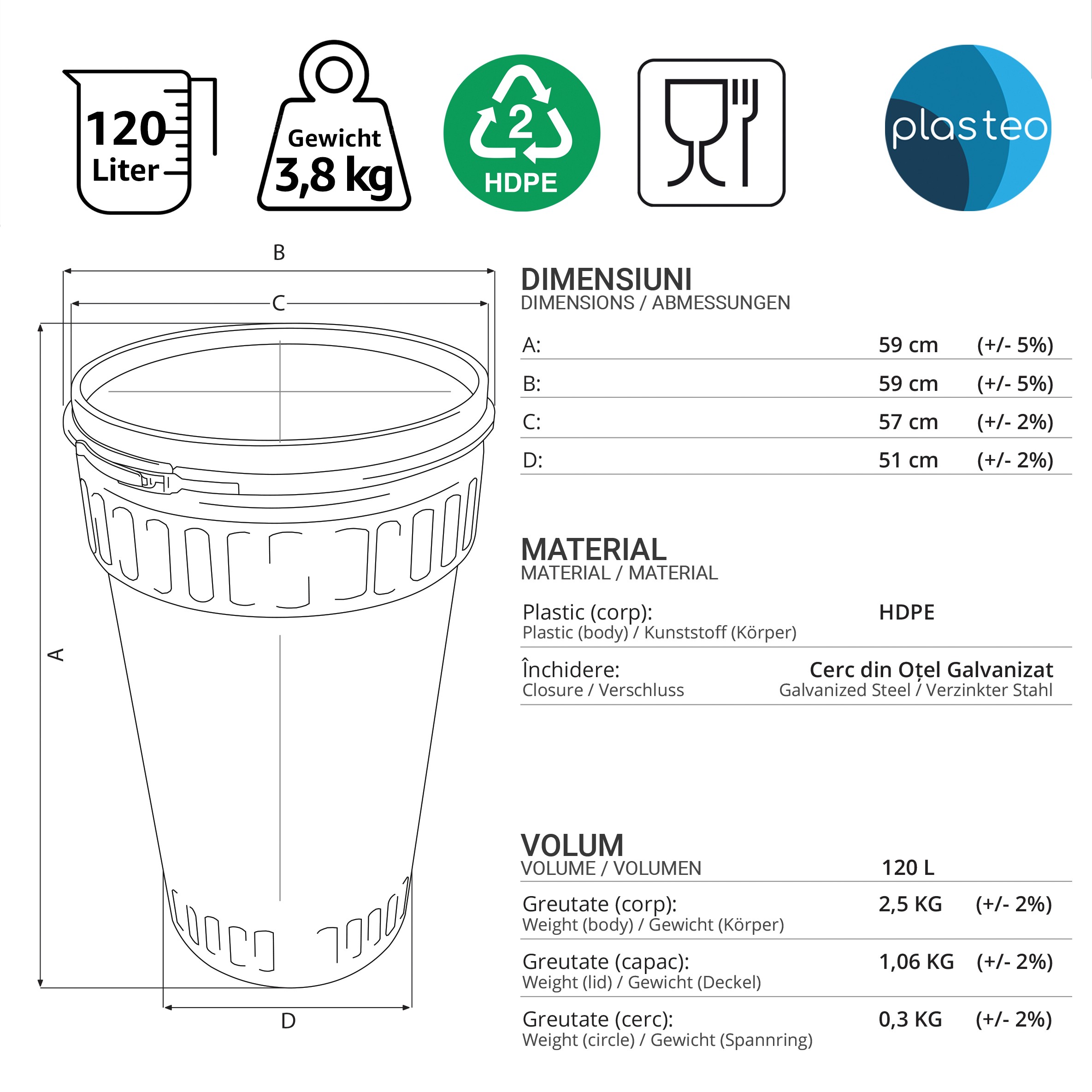 120 Liter Deckelfass konisch Made in EU