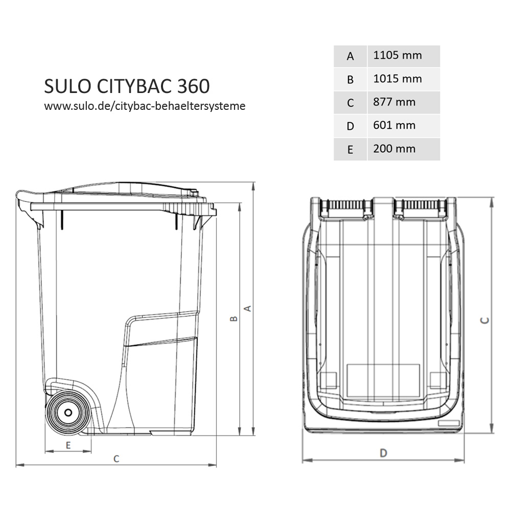 citybac360_bemassung SULO® MGB 360 Liter Mülltonne Grau