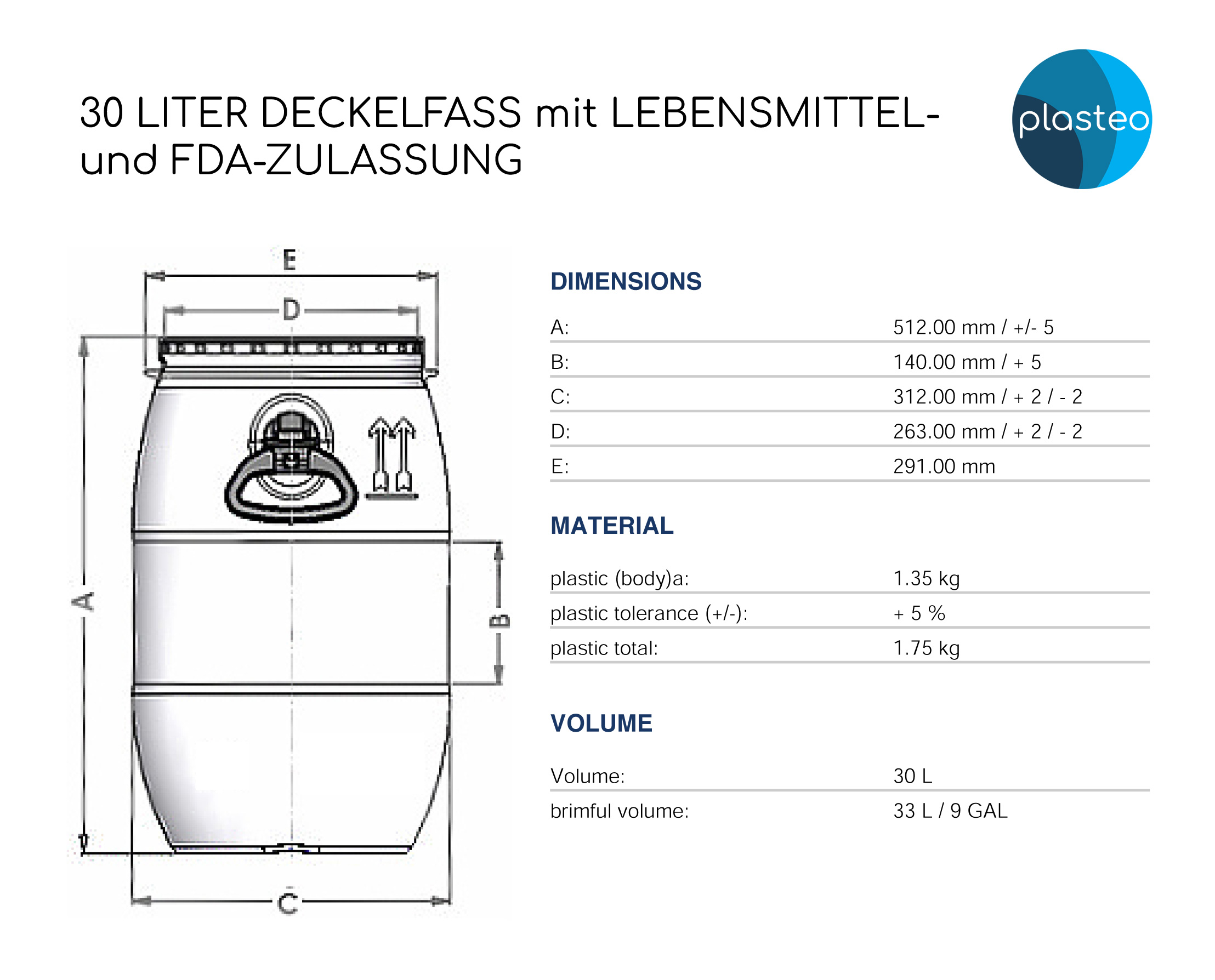 30 Liter Deckelfass Lebensmittelecht FDA